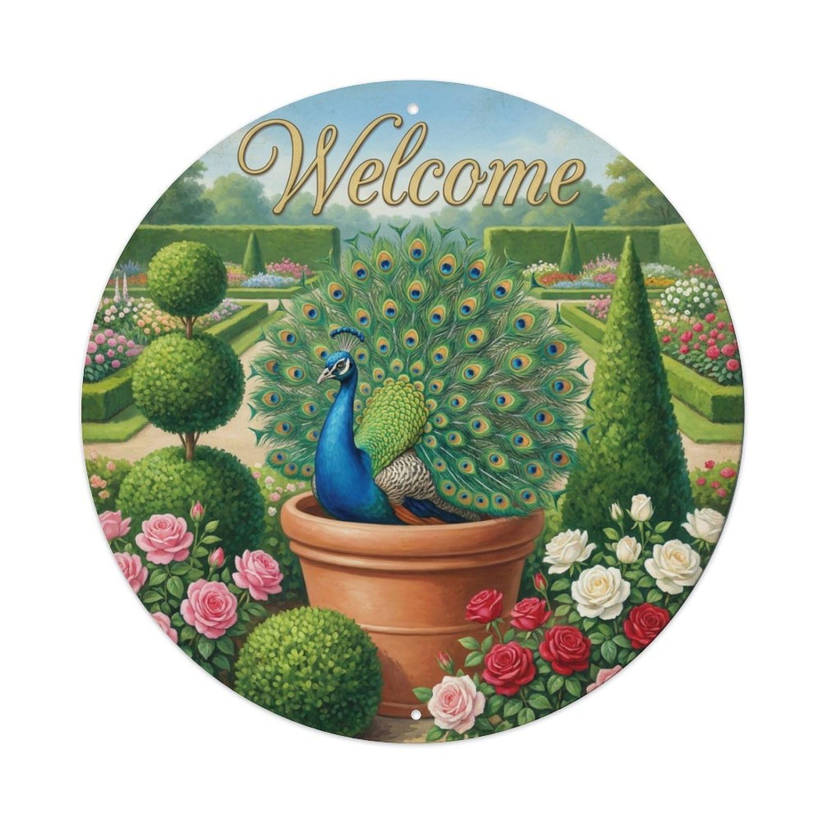Metal Tin Sign Welcome Peacock Topiary Garden