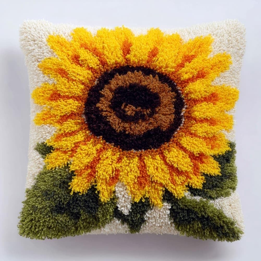 Taxpy Latch Hook Cushion Kits Sunflower Pillowcase Kits Embroidery Kit 17X17 Inch DIY Needlework Pillow Cover Sofa Cushion Rug Making
