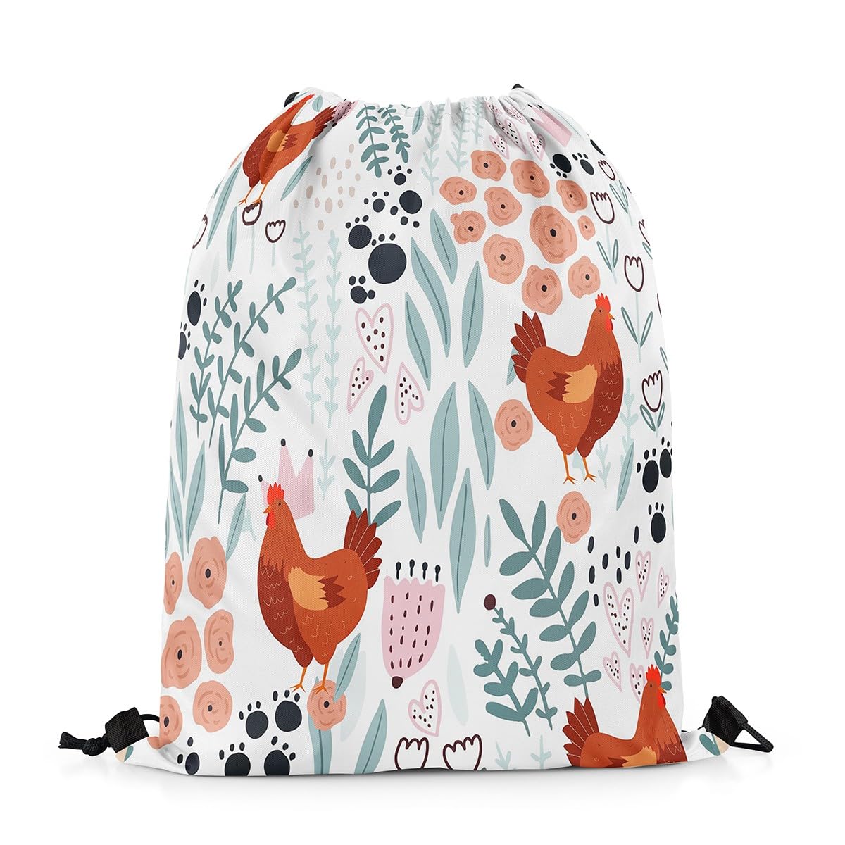 Homewish Farmhouse Chicken Cinch Bag 33 x 40 cm,Cute Rooster Draw String Back Bag,Colorful Flower Botanical Drawstring Bags,Rustic Farm Animals Drawstring Backpack Reversible