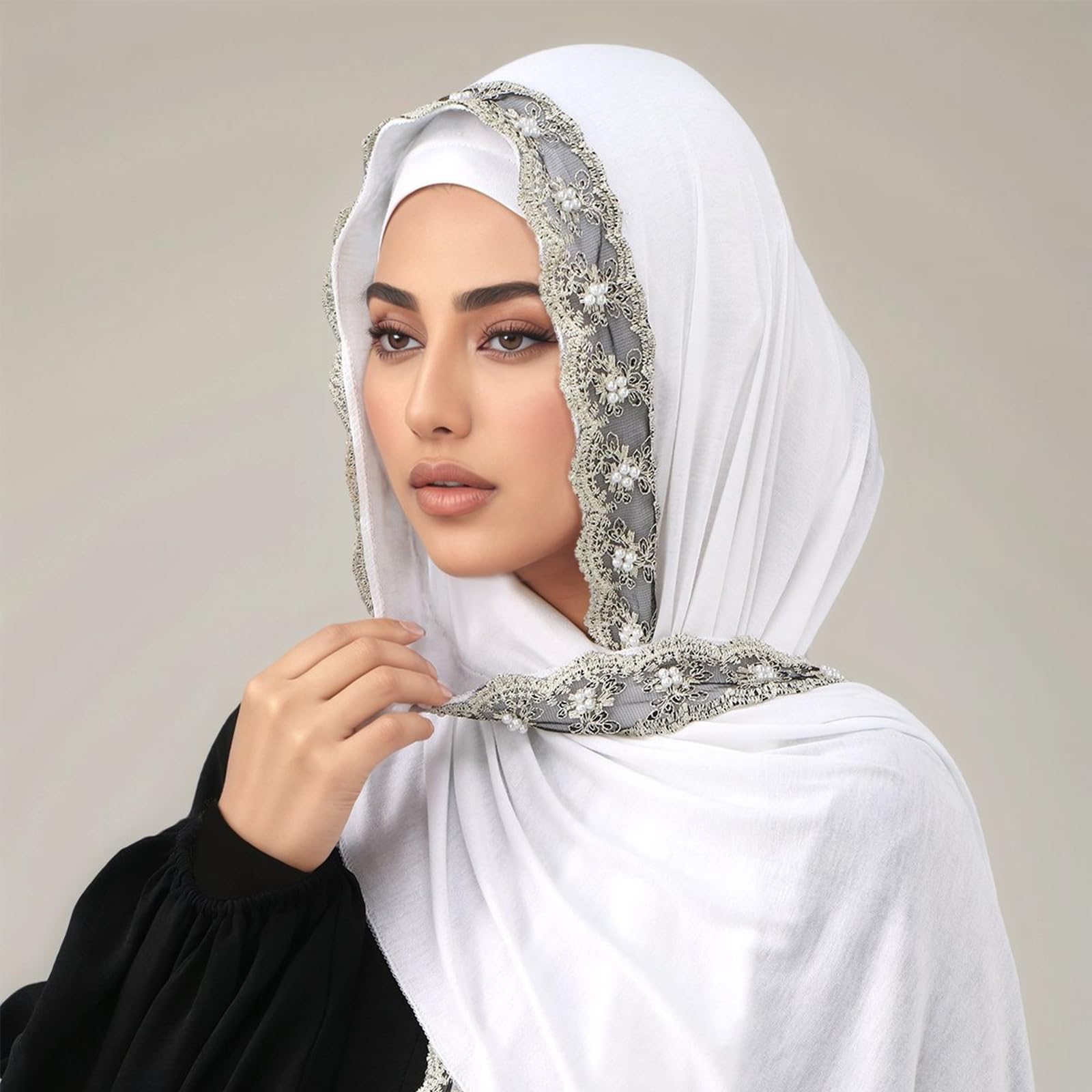 Elegante bandana hiyab para hombres, mujeres y niños, como cubierta para la cabeza o bufanda de encaje con cuentas, bufanda de hiyab de fácil cuidado