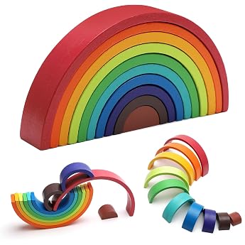 Rainbow Wooden Toy Rainbow Building Blocks Wooden Preschool Stacking Toy 10 Piece Sheet for Children 10 Colours