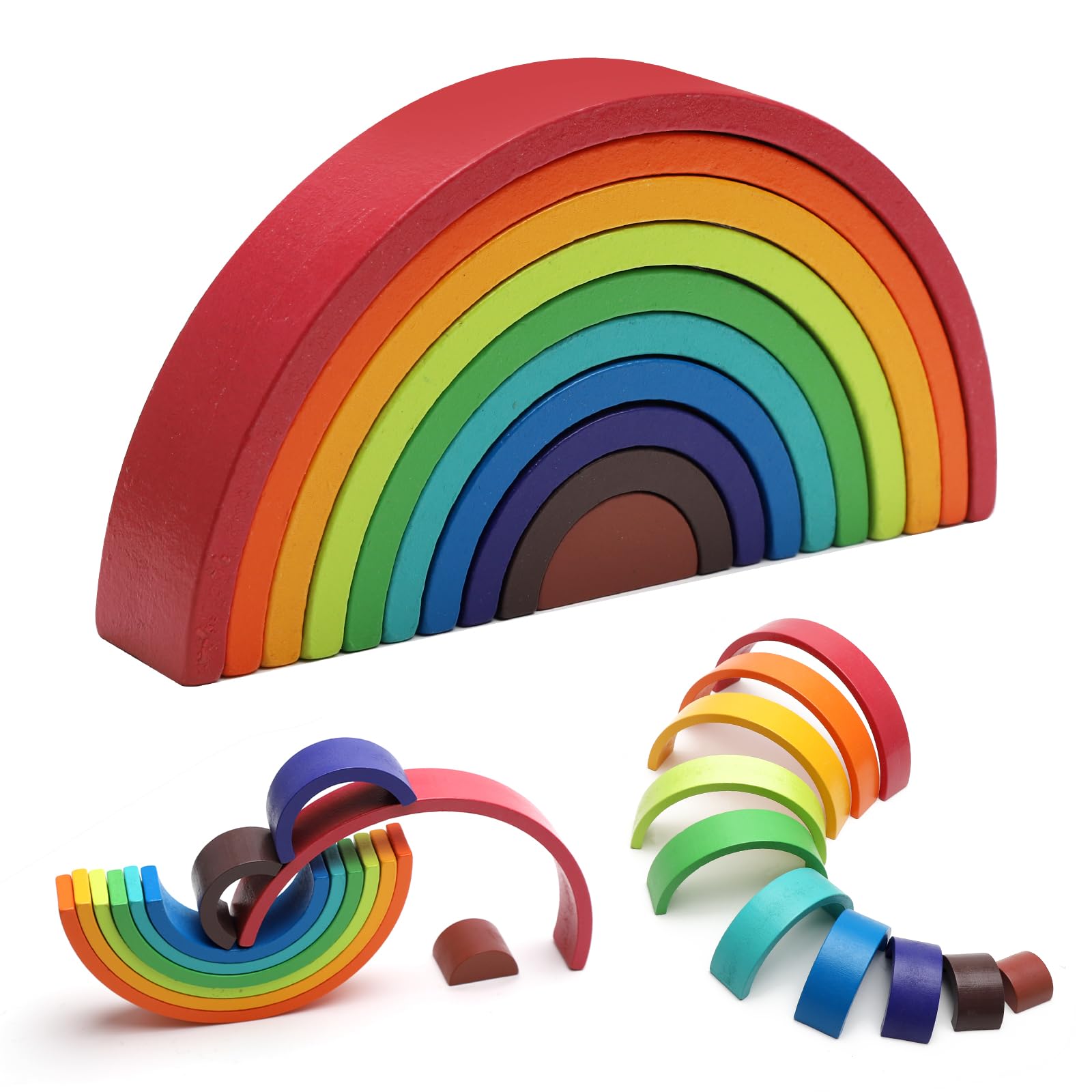 Jouet arc-en-ciel en bois, blocs de construction en bois empilables pour enfants (10 couleurs)