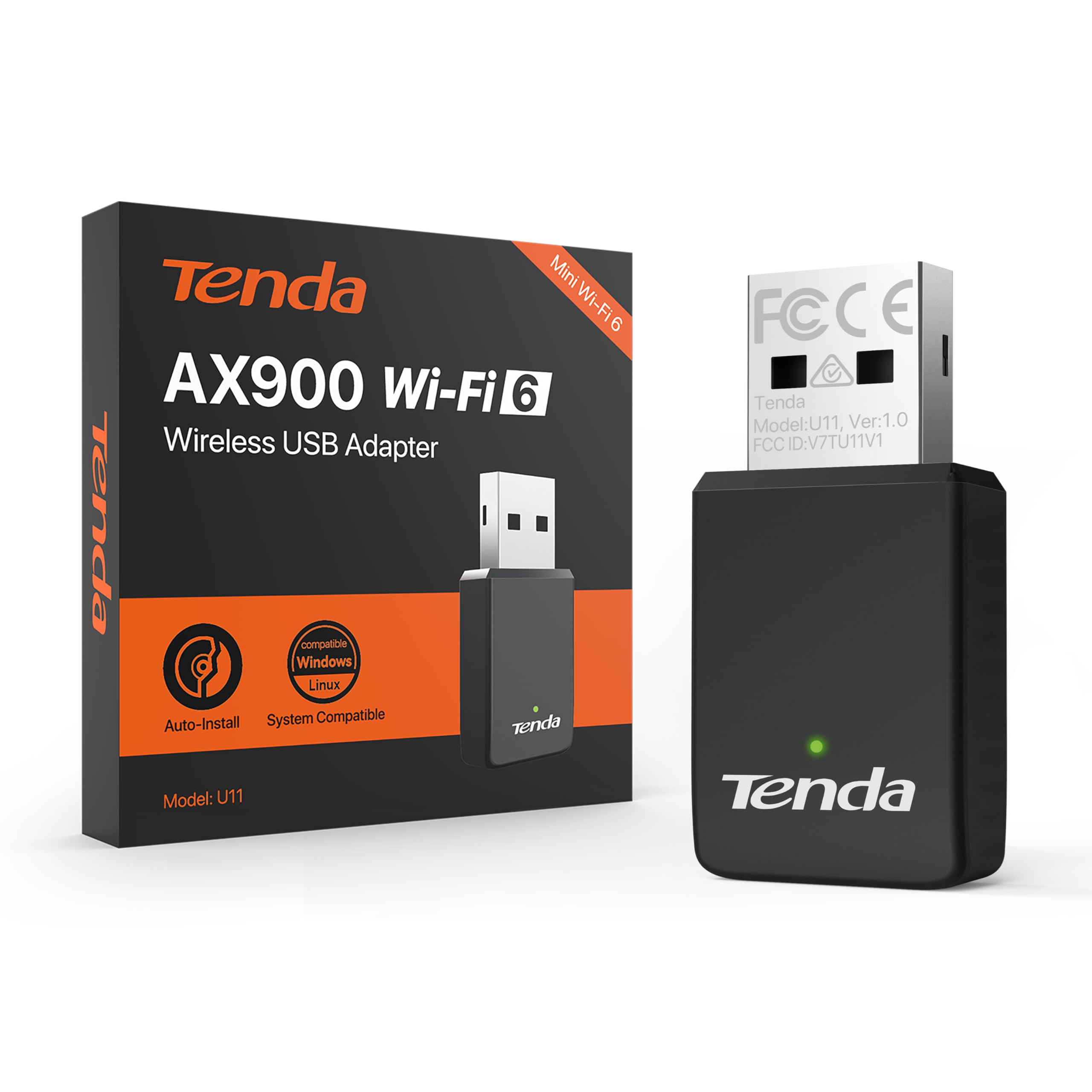 Tenda AX900 WiFi 6 USB Adapter for Desktop PC Laptop, Dual Band 600Mbps 5GHz/ 286Mbps 2.4GHz, Wireles WiFi Adapter for Windows 11/10/7/Linux(3.10-6.8)/Ubuntu, USB WiFi Dongle(U11)