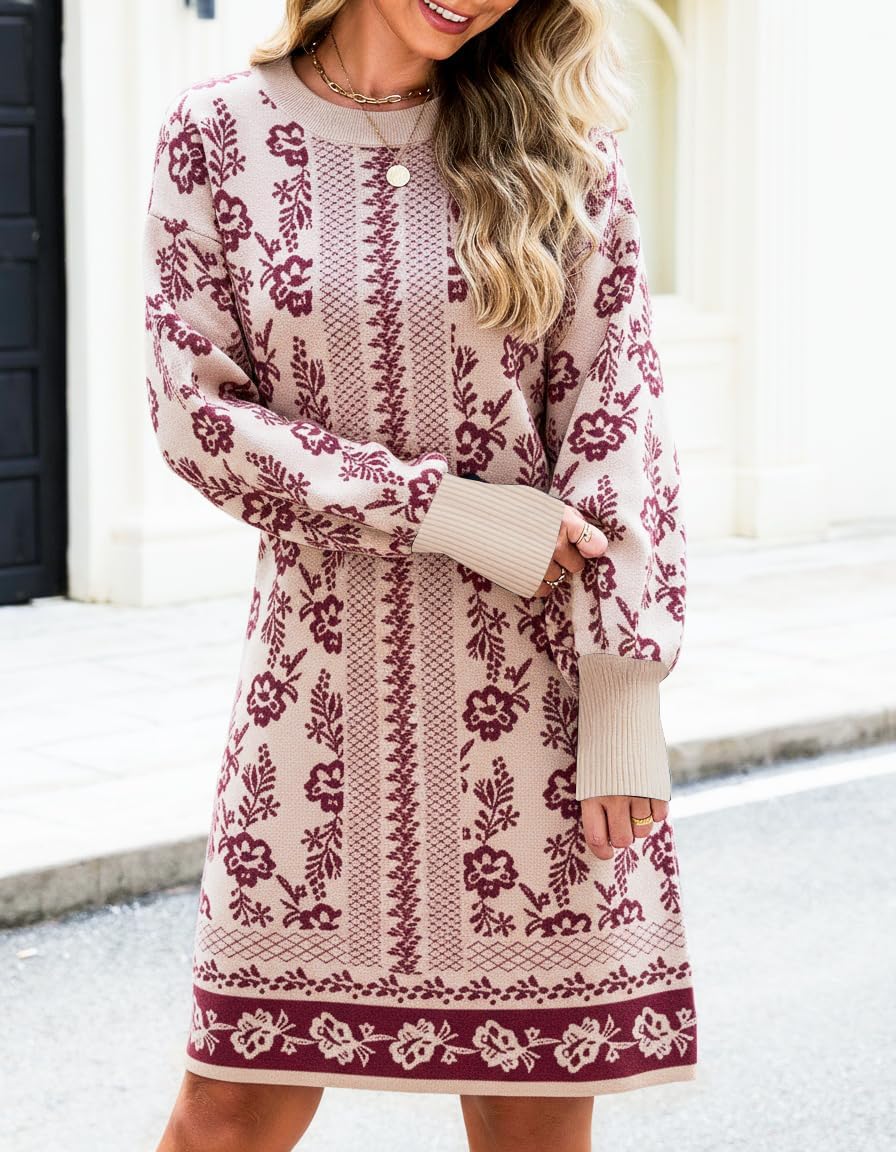 Kedera Womens Knit Sweater Dress Floral Pullover Casual Crewneck Long Sleeve Flower Printed Spring Trendy Dresses Outfit - Image 2