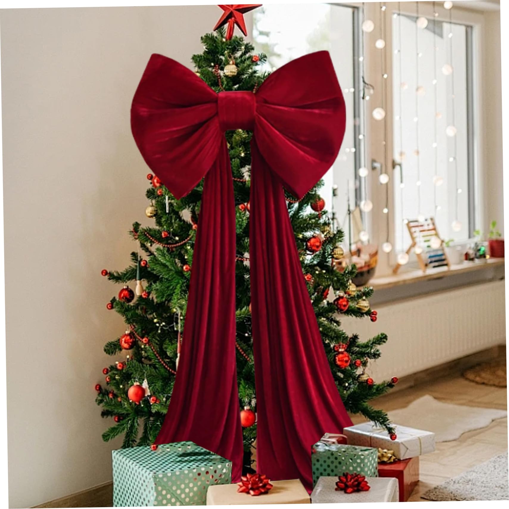 Nœud pour cimier d'arbre de Noël 149, 6 x 31, 5 Pouces, très Grand nœud Rouge, Ruban décoratif pour Mariage, Noël, fête d'anniversaire, Toile de Fond Murale