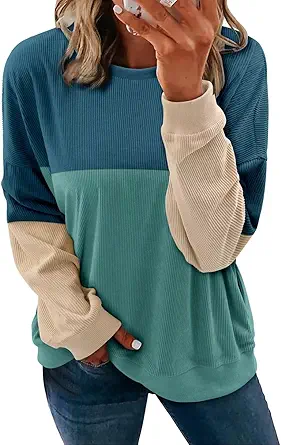 KISSMODA Women's Casual Long Sleeve Sweatshirt Color Block/Solid Crewneck Corduroy Pullover Cute Tops