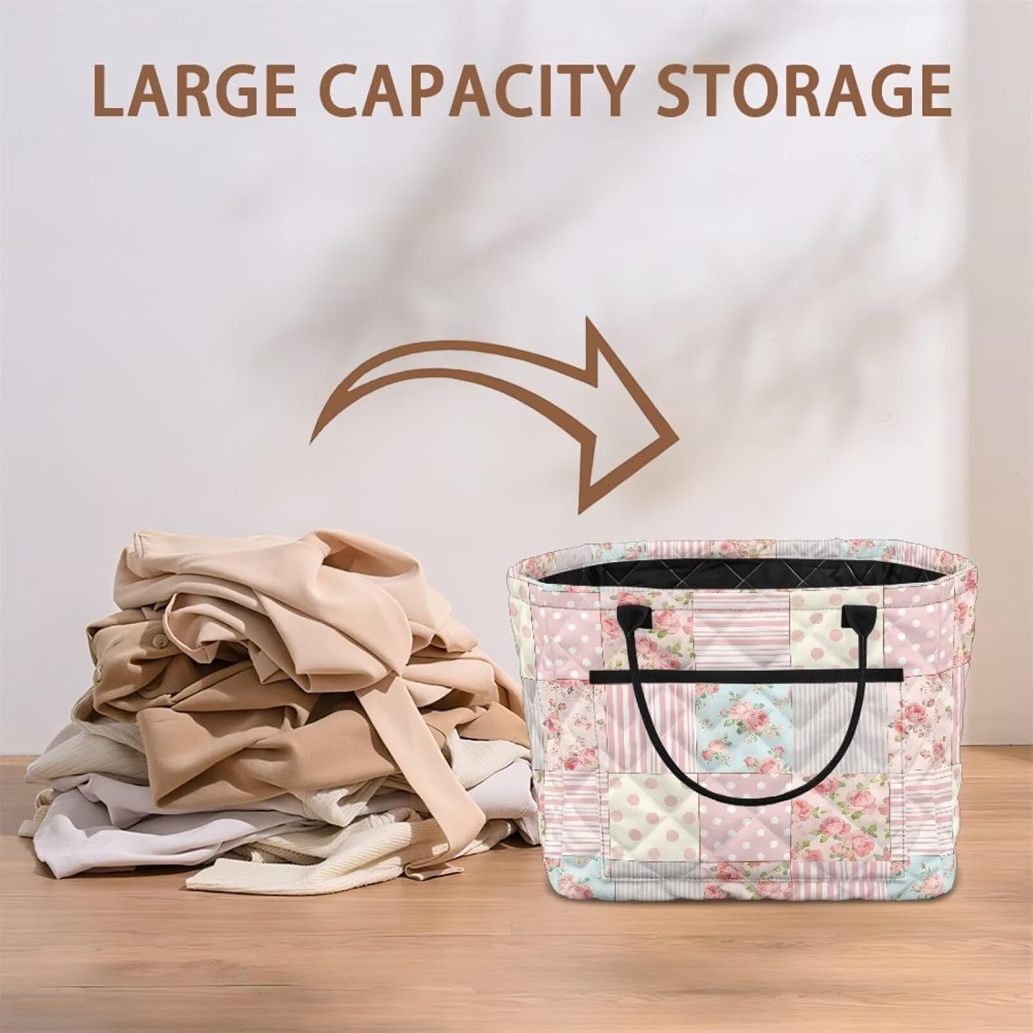 Quilted Storage Basket Patchwork Large Capacity Laundry Basket 12.59x11.02x10.62-Pink Flower Portable Fabric Organizer Bin with Handles for Living Room, Bedroom, Blankets