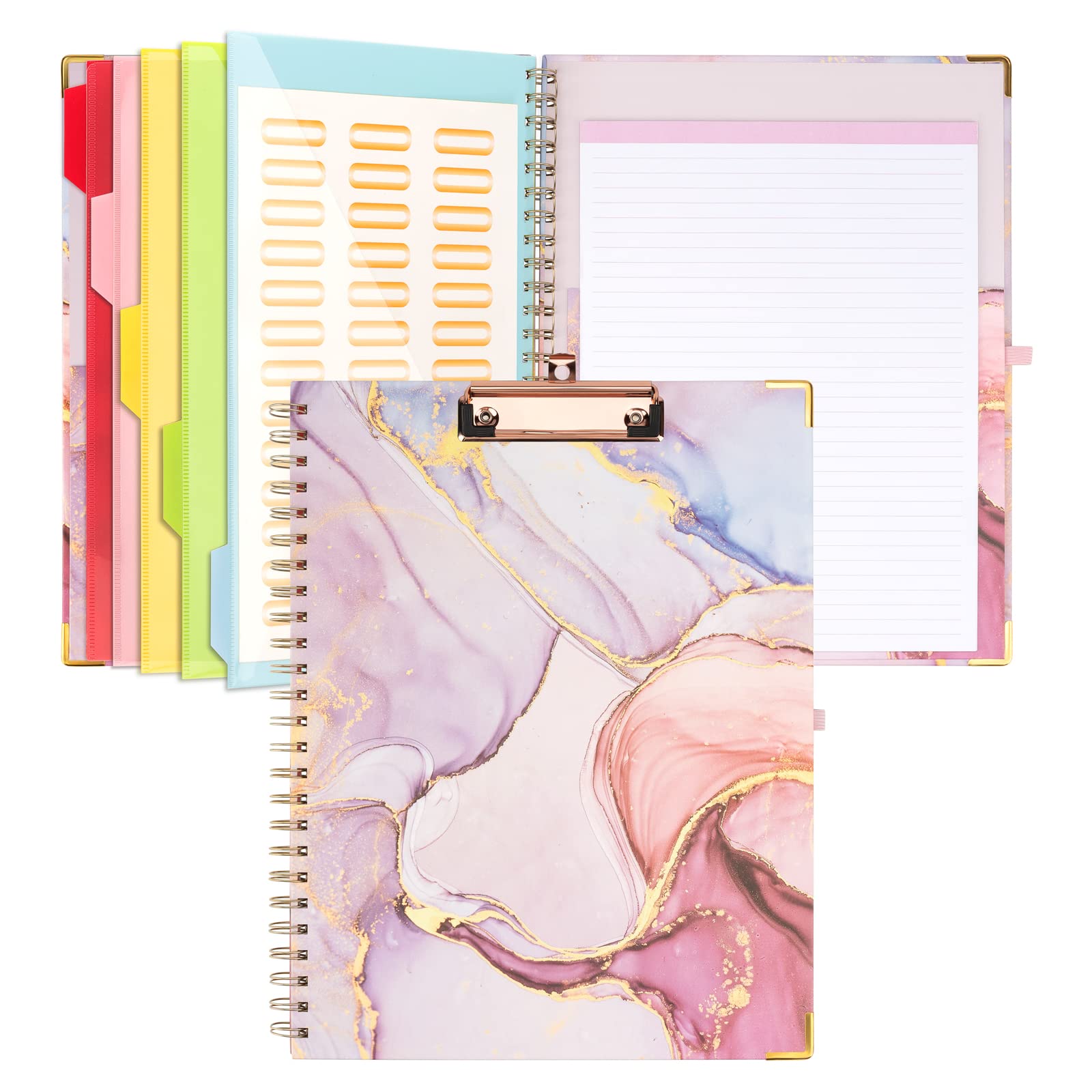Clipboard Folio with Refillable Notepad Spiral A4 Clipboards, 5 Extra Folders with 10 Pockets, File Folder Labels, Pen Loop Series (Pink Marble)