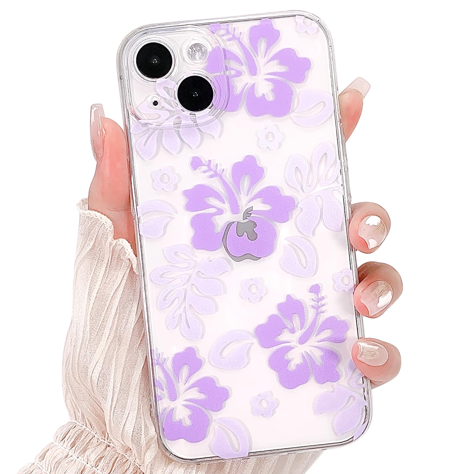 Lovmooful Compatible for iPhone 14 Case Cute Clear Hibiscus Flower Floral Aesthetic Printed Design for Girls Women Soft TPU Shockproof Protective Girly for iPhone 14-Light Purple