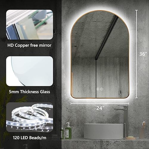 Miniatura 6 de Niccy Espejo de baño con iluminación LED arqueada, espejo de baño retroiluminado de 36 x 24 pulgadas, espejo de baño con luces con marco dorado