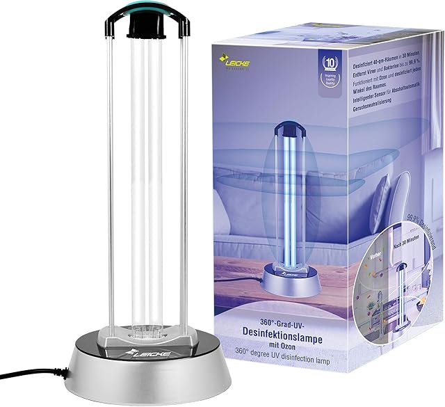 LEICKE Lampa do dezynfekcji UV, bez ozonu, lampa sterylizacyjna UVC, współczynnik 99%, oczyszczacz powietrza, lampa UV, sterylizator do szkoły, biura, salonu, restauracji, studia fitness (40W Premium)