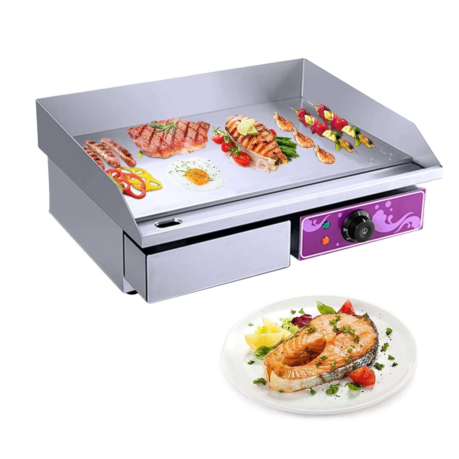 Large Electric Griddle Hot Plate, Commercial Stainless Steel Adjustable Countertop BBQ Grill, 220-240V Nonstick for Barbecue, Omelette, Fried Food