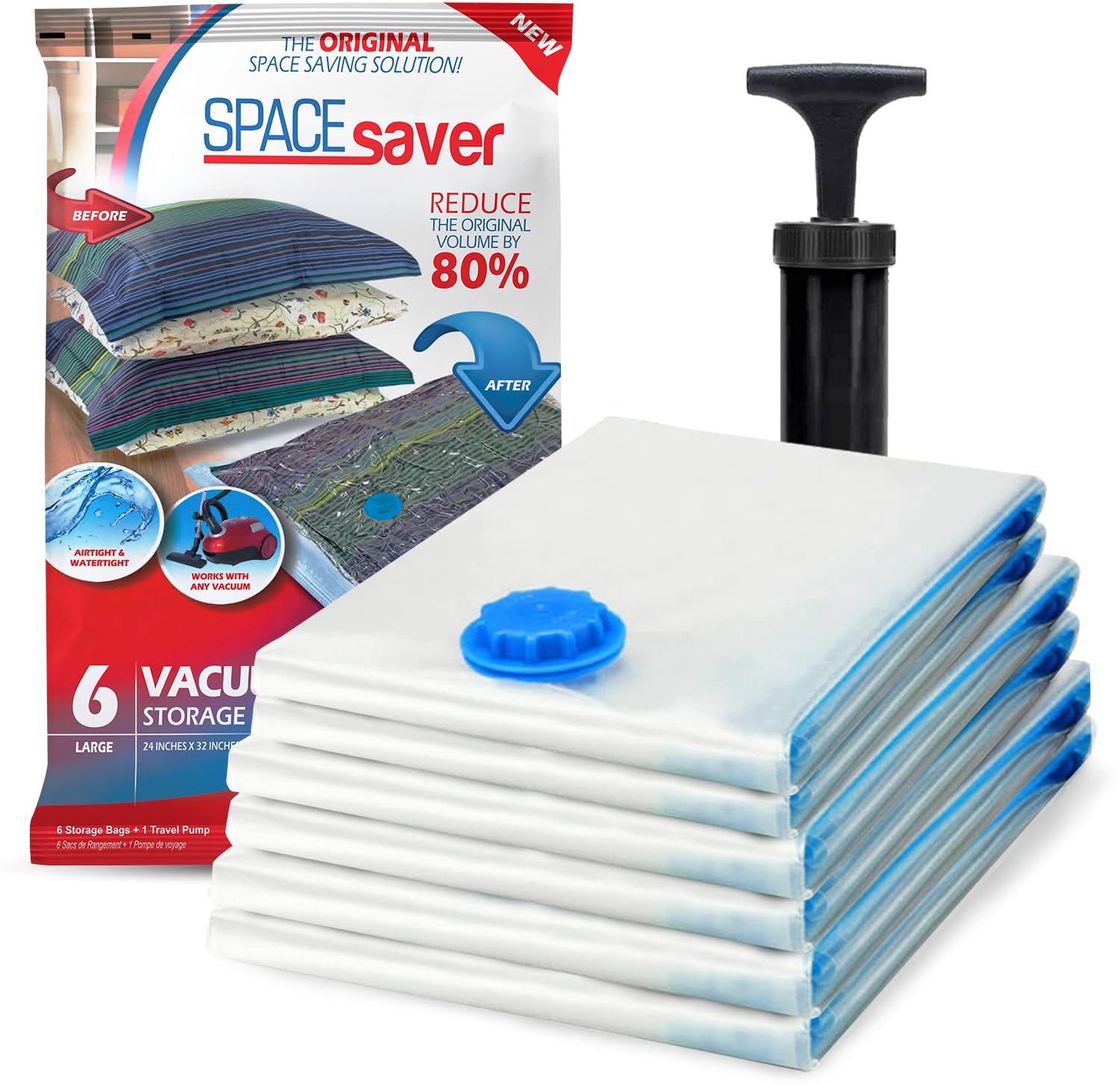 SpaceSaver Vacuum Storage Bags - Clothes & Bedding Storage - 6 Large Pack with Pump