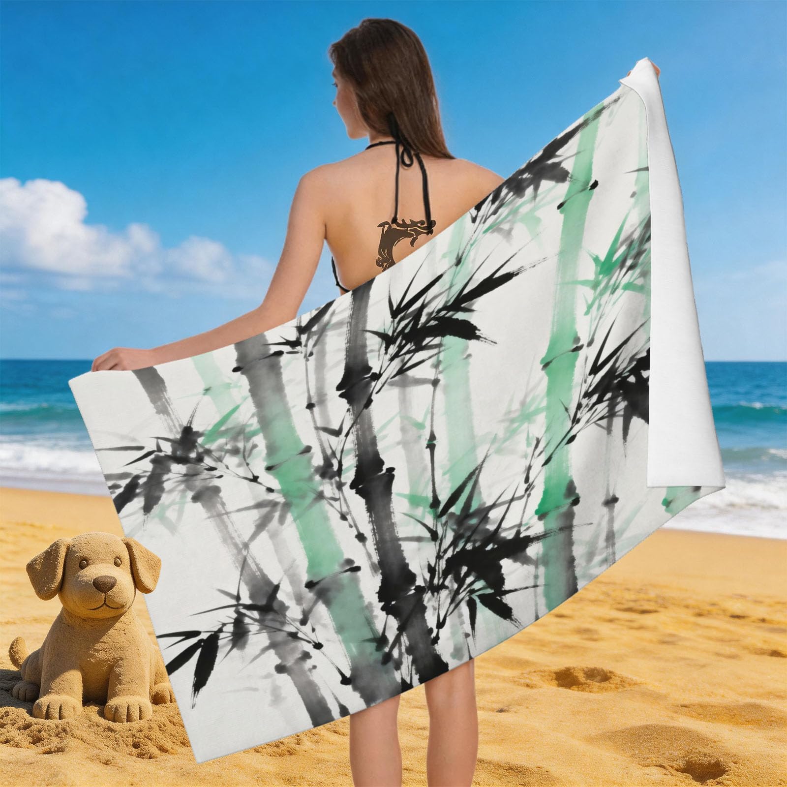 Leichong 3D Ink Wash Bamboo Beach Towel Large Microfiber Soft Quick Dry for Adults, Oriental Style Bath Towel Lightweight Soft Absorbent for Travel Swimming Pool Sports, 80 x 160 cm