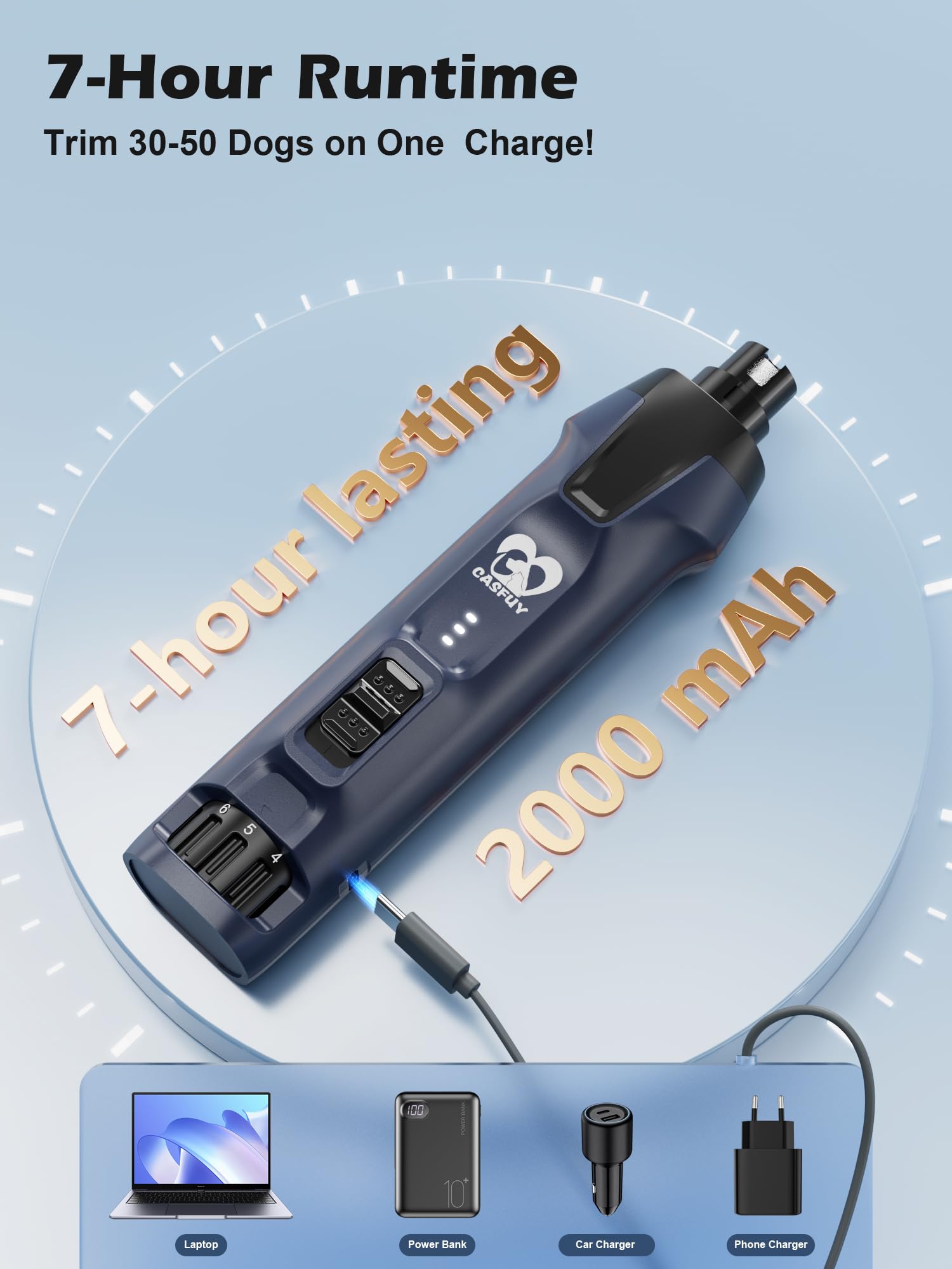 Casfuy Molinillo de uñas para Perros de 6 velocidades, 50% de Potencia potenciada, silencioso, con Luces LED duales y colector de Polvo, Motor de Cobre de 4,8 V, Herramienta eléctrica de Lima de uñas