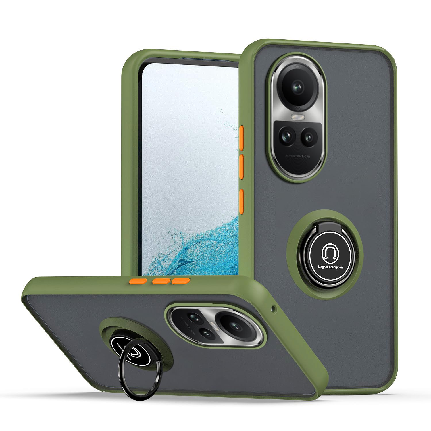 XINYEXIN Cover Per Huawei Nova 10 SE Con Anello Porta 360° - Traslucida Antiurto, Militare, Colore Verde Militare, PC + TPU - 4
