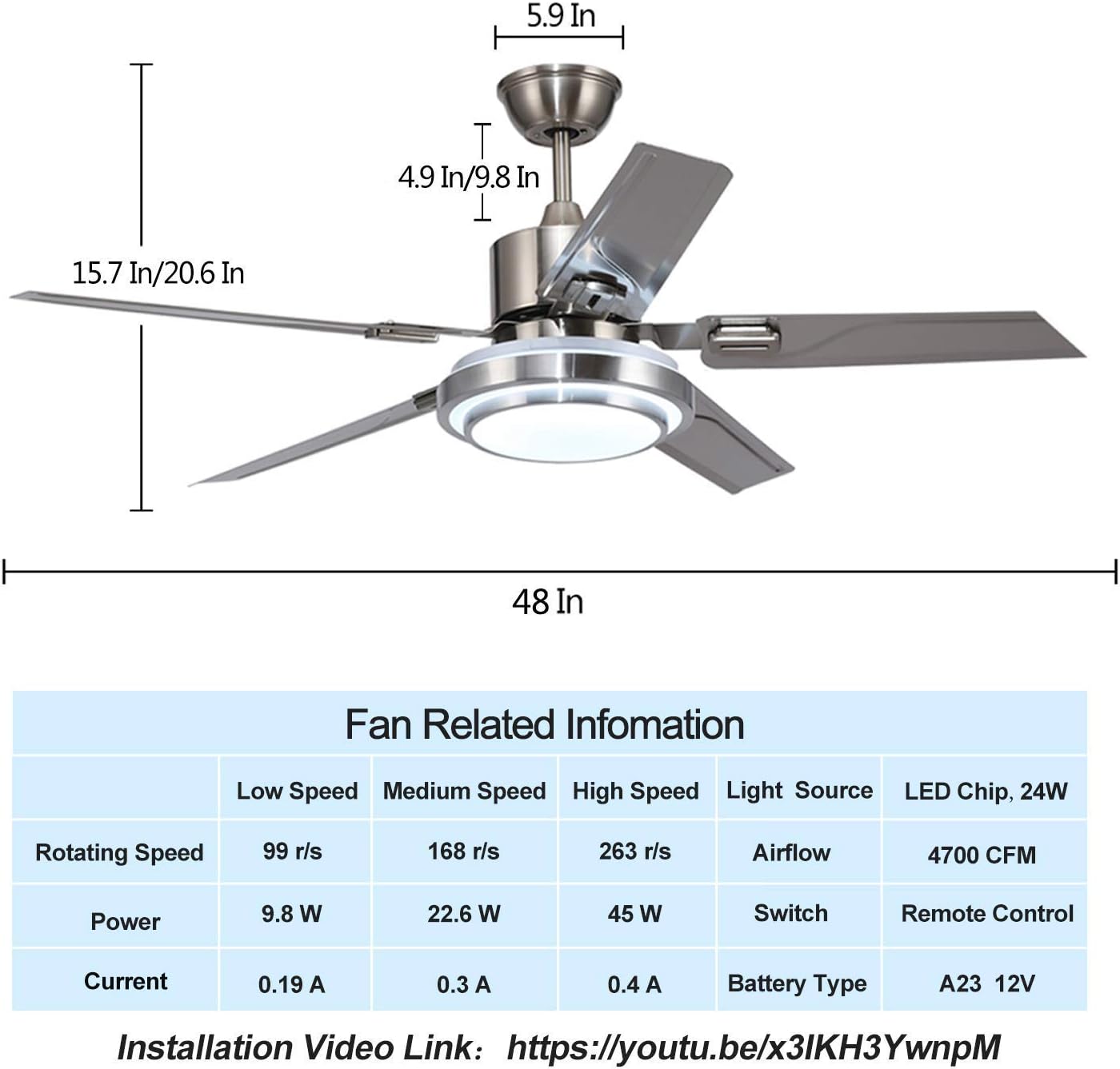 New Deal Modern LED Ceiling Fan with Light and Remote Control 5 Stainless Steel Reversible Blades Brush Nickel For Indoor Home Decoration Living Room Bedroom (48 Inch) Holiday Deals 🛒 Modern LED Ceiling Fan with Light and Remote Control 5 Stainless Steel Reversible Blades Brush Nickel For Indoor Home Decoration Living Room Bedroom (48 Inch)