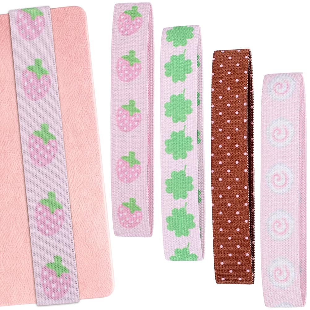 CRASPIRE 4Pcs Notebook Elastic Strap Strawberry Clover Polka Dots Pink
