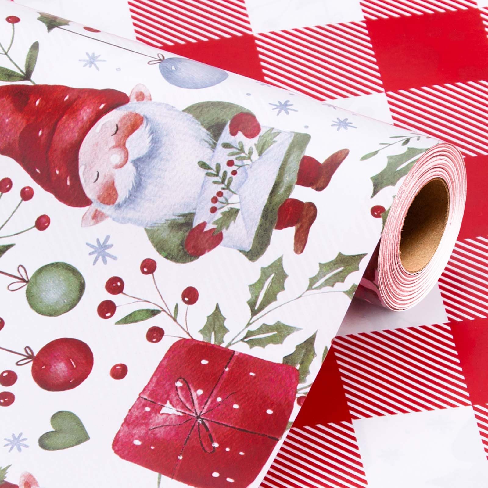 Wikadlik Red Christmas Wrapping Paper - 43cm x 10m Metallic Gold Shine Christmas Tree Bell Bow Design with Grid Cutting Lines Gift Wrap Paper โ image 1
