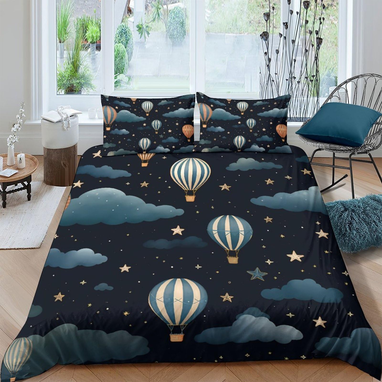 Ctjqhvkz Style-1 3D Printed Night Sky Hot Air Balloon Fitted Sheet Microfiber Dark Blue Star Mattress Cover For Bedroom Guest Room Single（135X200cm）
