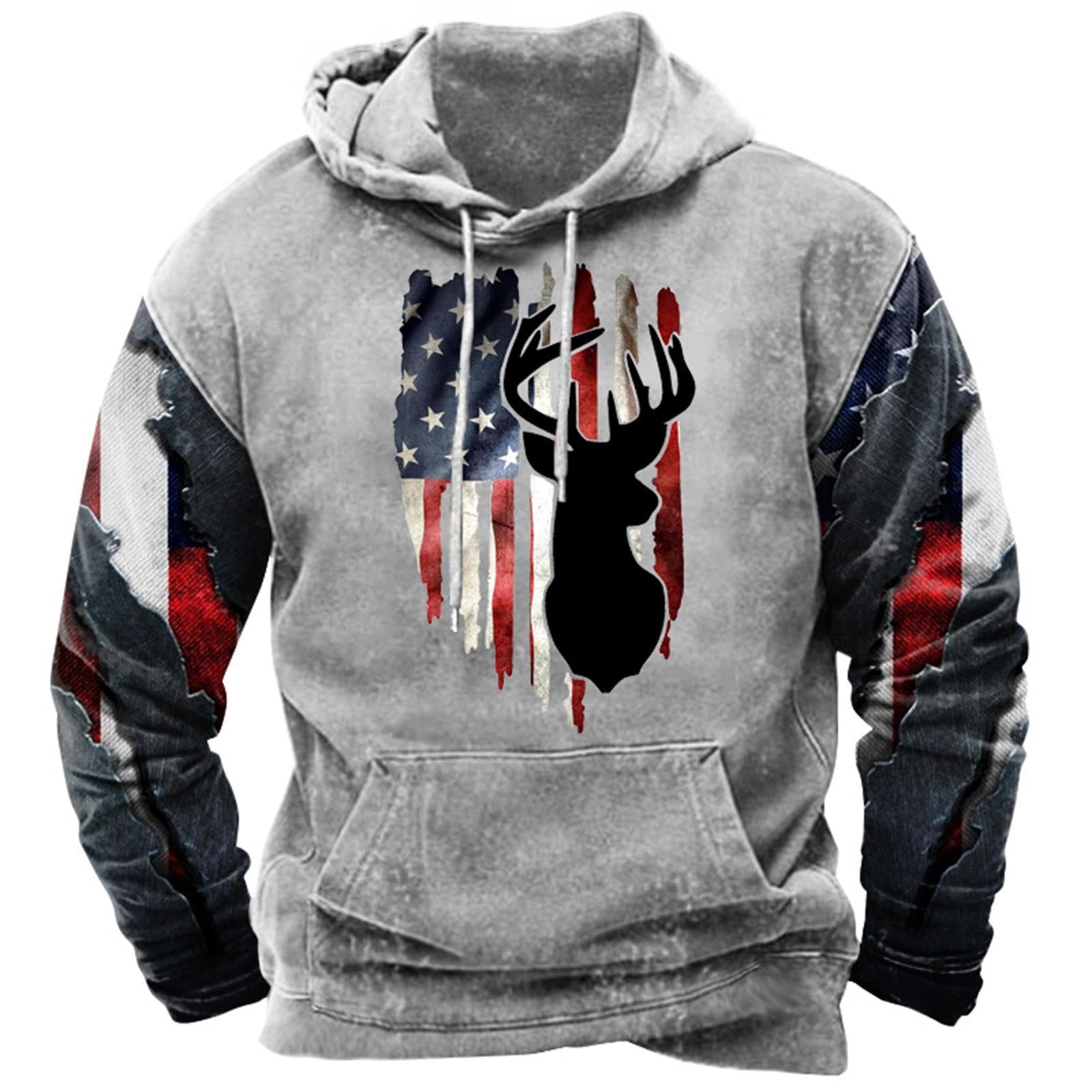 ZOCAVIA American Flag Hoodies for Men USA Graphic Hooded Sweatshirts Drawstring Western Ethnic Boys Pullover Tops
