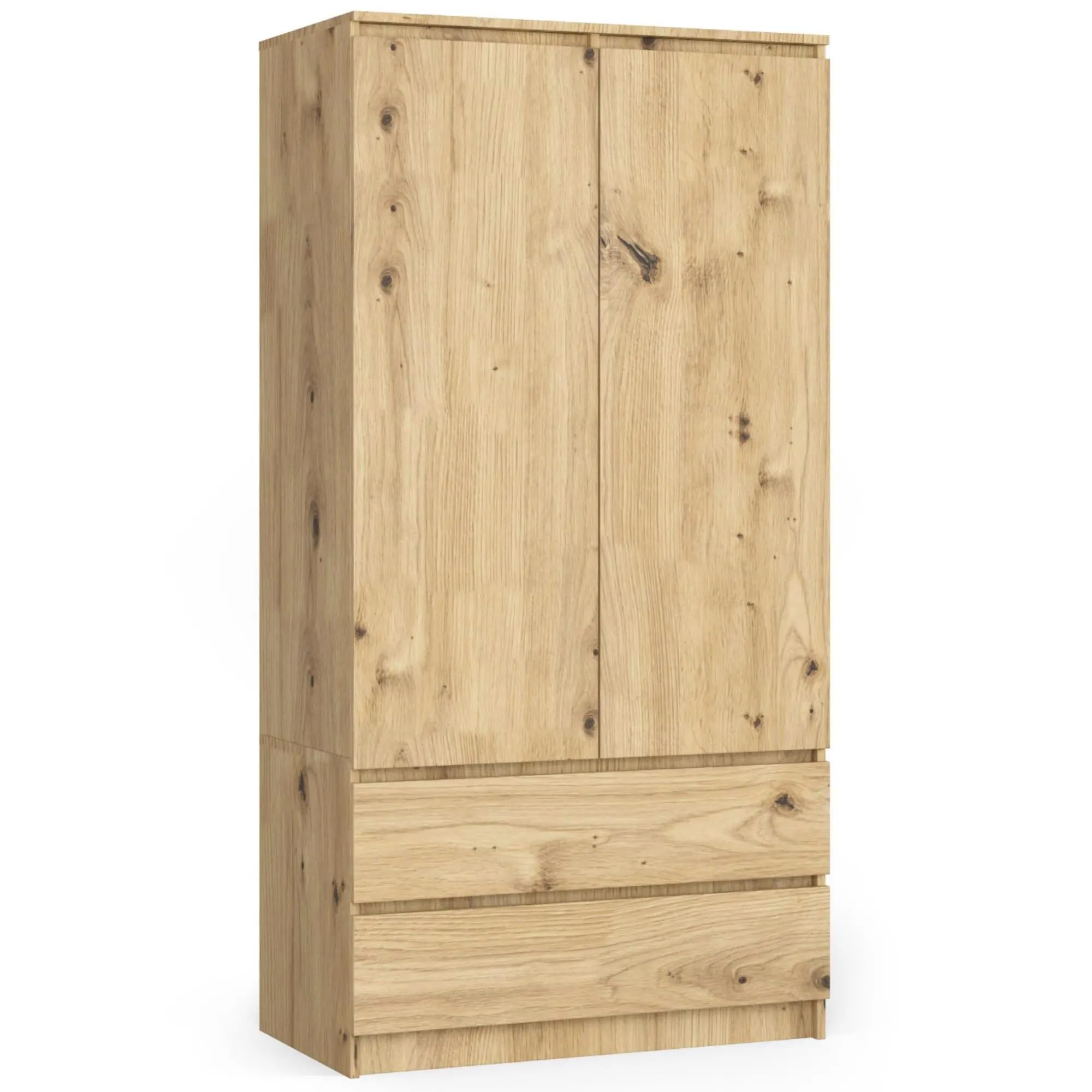 AKORD Kast met 2 deuren | kast voor slaapkamer 2 laden met planken en een stang | L 90 x H 180 x D 51 cm | gelamineerd paneel 16 mm