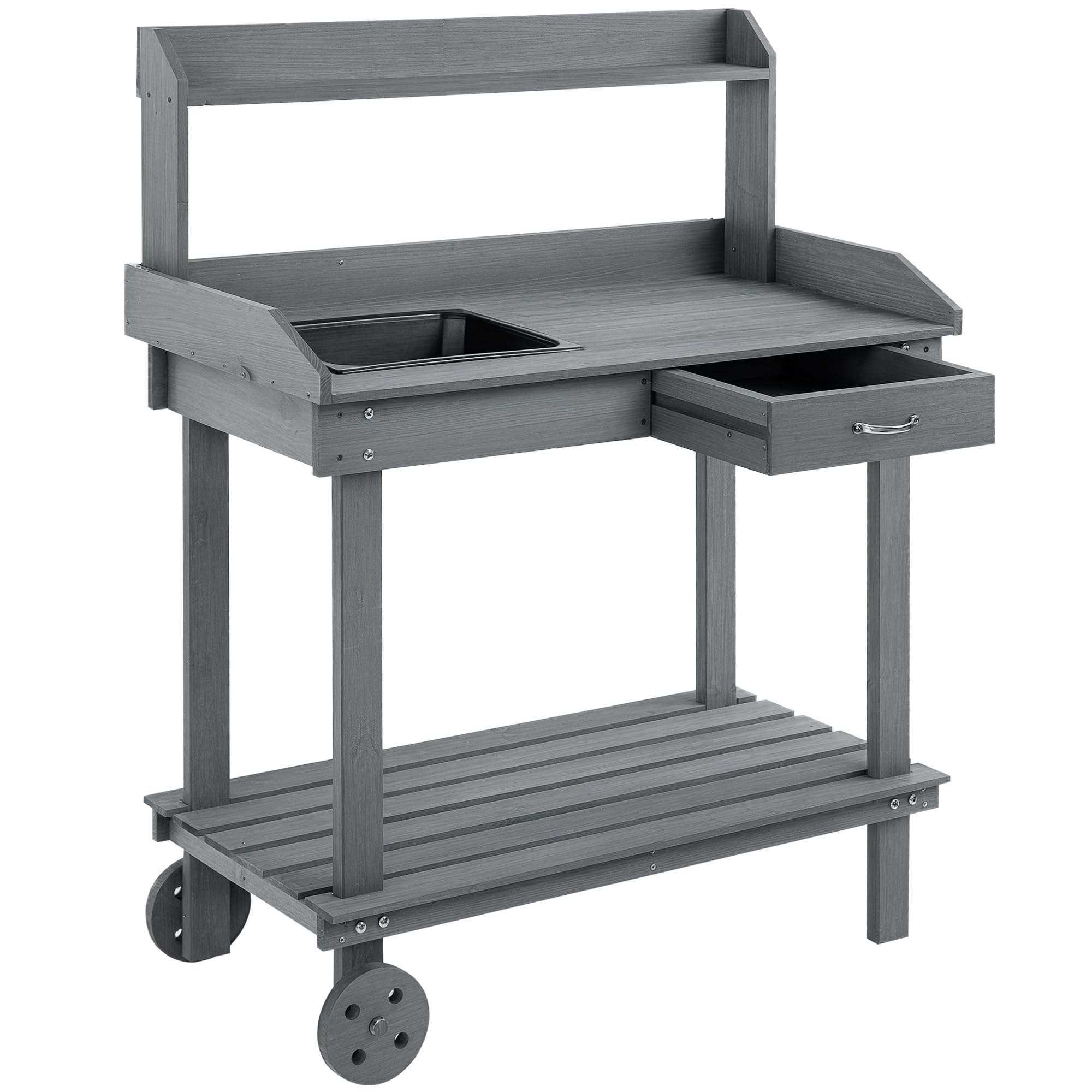 Outsunny Mesa de jardín con cajón de 2 Niveles, con Lavabo y Ruedas, Madera de Abeto Gris, 92 x 45 x 119 cm