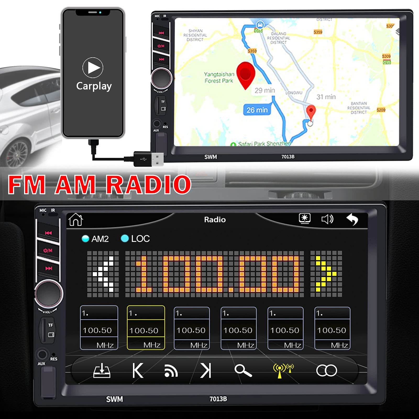 ZHNN 7 Inch Double Din Touchscreen Car Stereos Radio with Apple Carplay