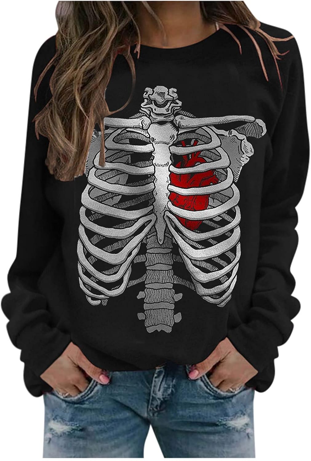 Women Halloween Theme Skeleton Print O Neck Long Sleeve Swearshirt Fall Cosplay Costume Winter 