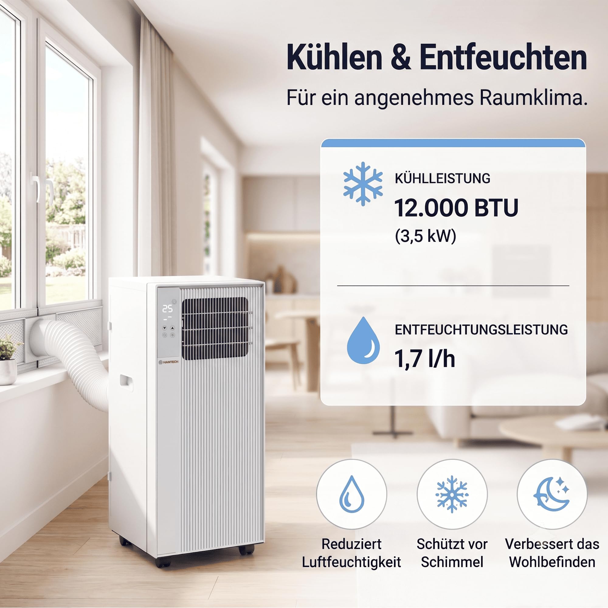 Hantech Mobile Inverter Klimaanlage 12000 BTU mit Abluftschlauch 3,5 kW | 3in1 Inverter Klimagerät zum Kühlen & Entfeuchten für 14-22m² Räume. Sparsame Energieklasse A mit Timer & Fernbedienung.