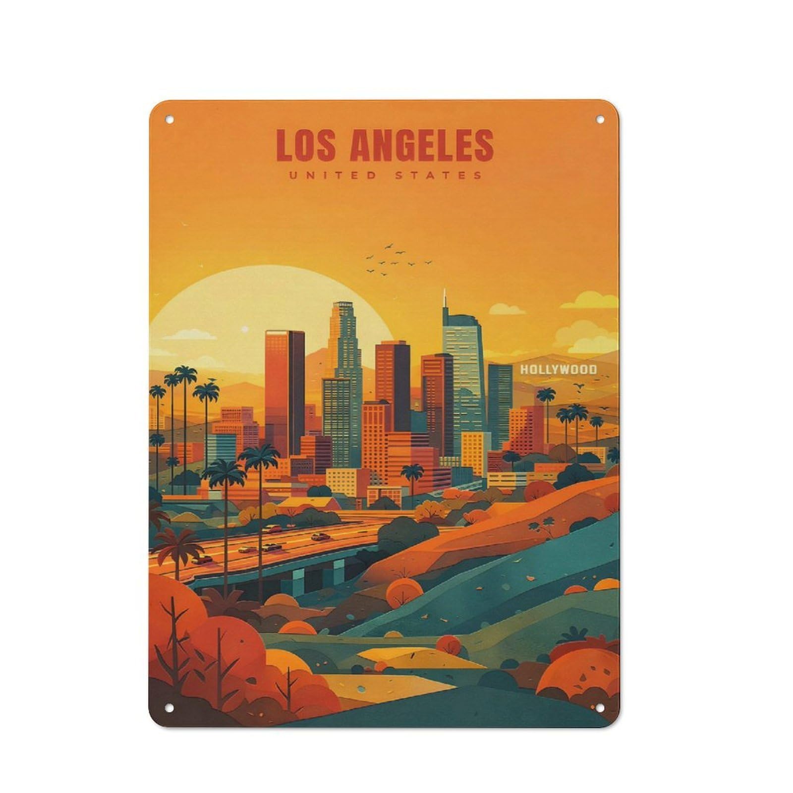 Metal Plaque with Los Angeles Skyline at Sunset Design 40x30cm, Rustic Cafe Wall Decor for Restaurant, Kitchen, Counter Or Breakfast Nook