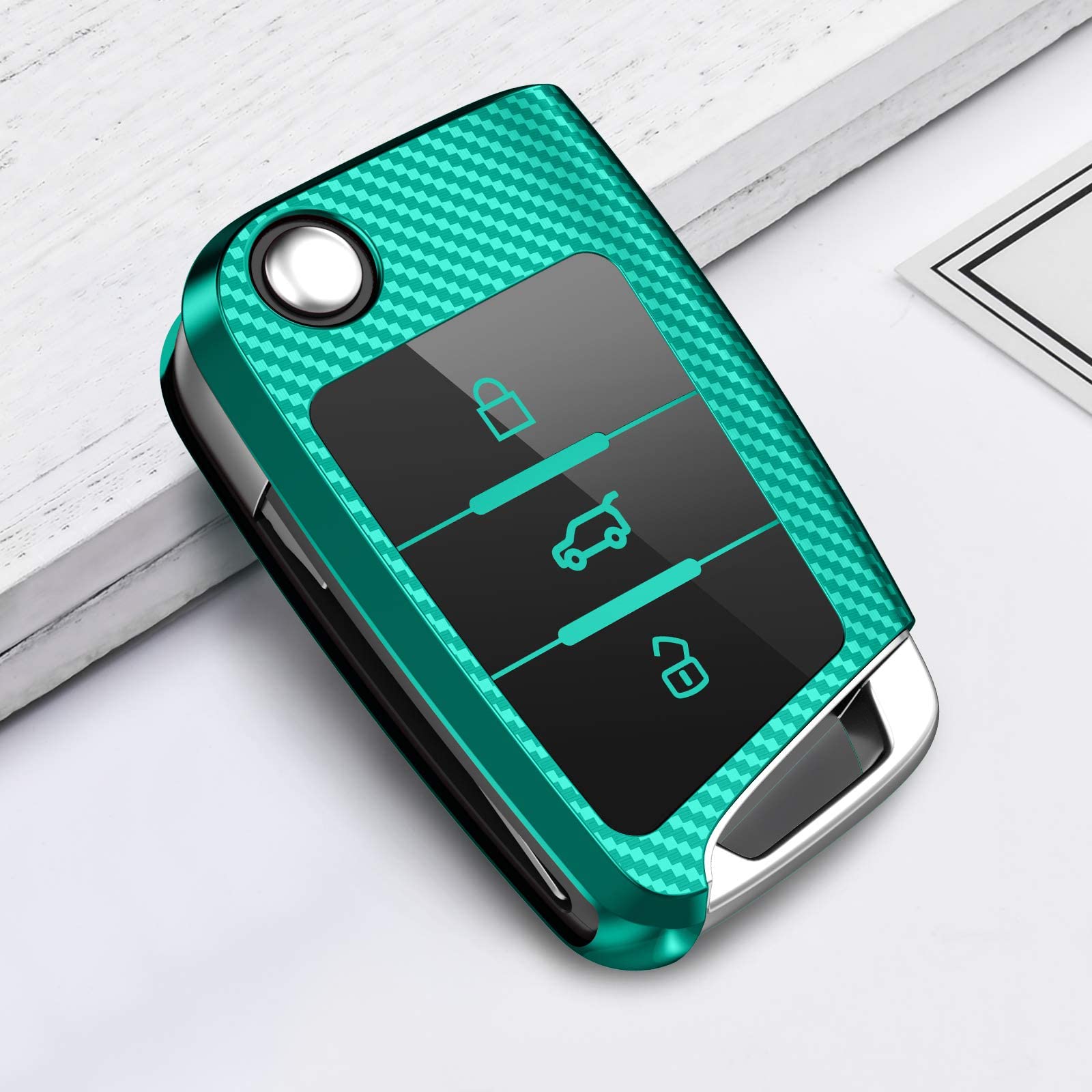 OATSBASF Car Key Cover Compatible with VW,Car Key Case for VW Golf 7 Polo Skoda Seat TPU Silicone 3 Buttons Box (Green-Stripe) — view 4