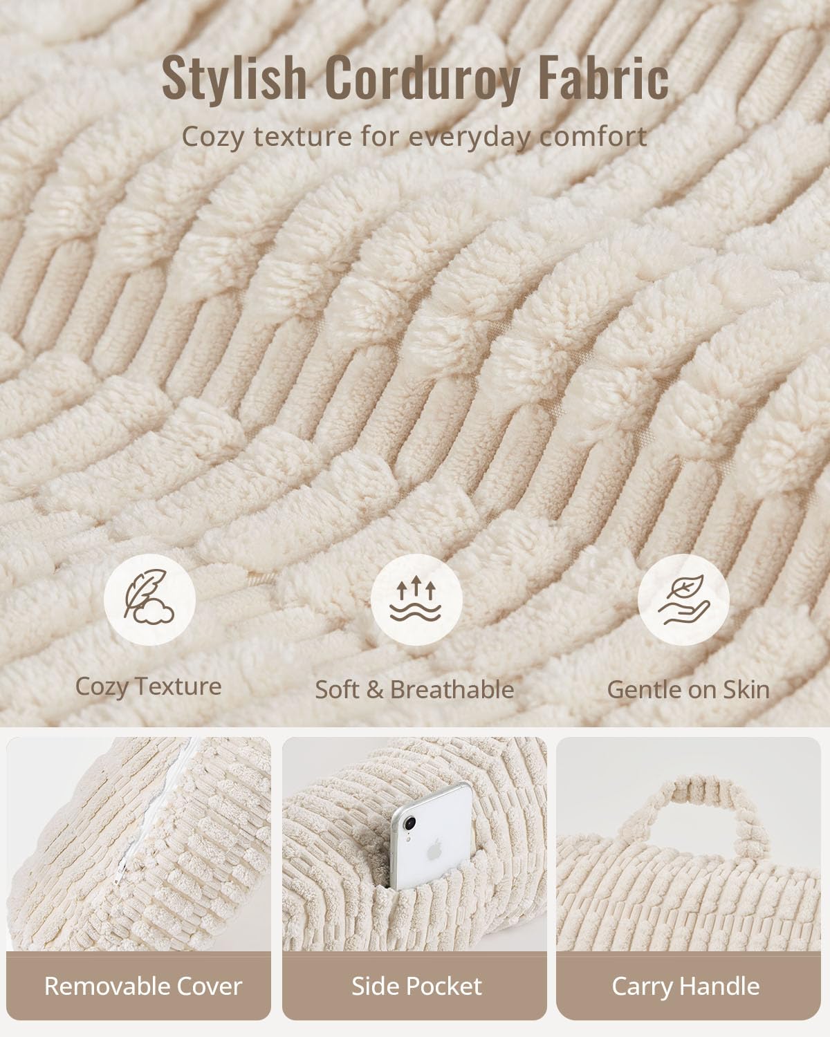 Blissful Diary Almohada de lectura, elegante almohada de cama con espuma viscoelástica triturada para respaldo de niños y adultos, almohada de espalda para cama y sofá sentado con brazos y bolsillos y