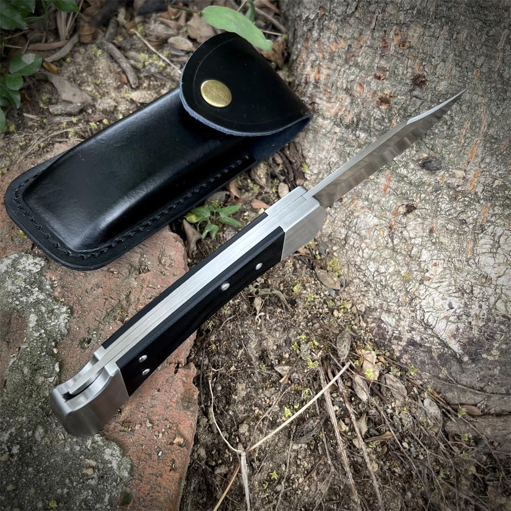8.54'' Portable Lockback Manual Opening Folding Knife，3.3'' D2 Steel Blade，G10 Handle with Black Leather Sheath，EDC Pocket Knife for Men Women,Sharp Camping Fishing Hiking Knives