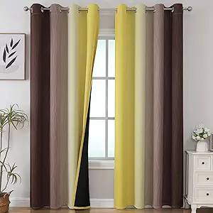 Estelar Textiler Brown and Yellow Gradient Blackout Curtains for Bedroom, Thermal Insulated Ombre Blackout Drapes, Full Light Blocking Energy Saving Curtains for Living Room, 52Wx96L, 2 Panels