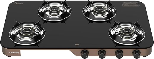 Butterfly Aeroline 4 Burner 3 Star Glass Top Gas Stove | Wind Shield | Leak Proof European Valve