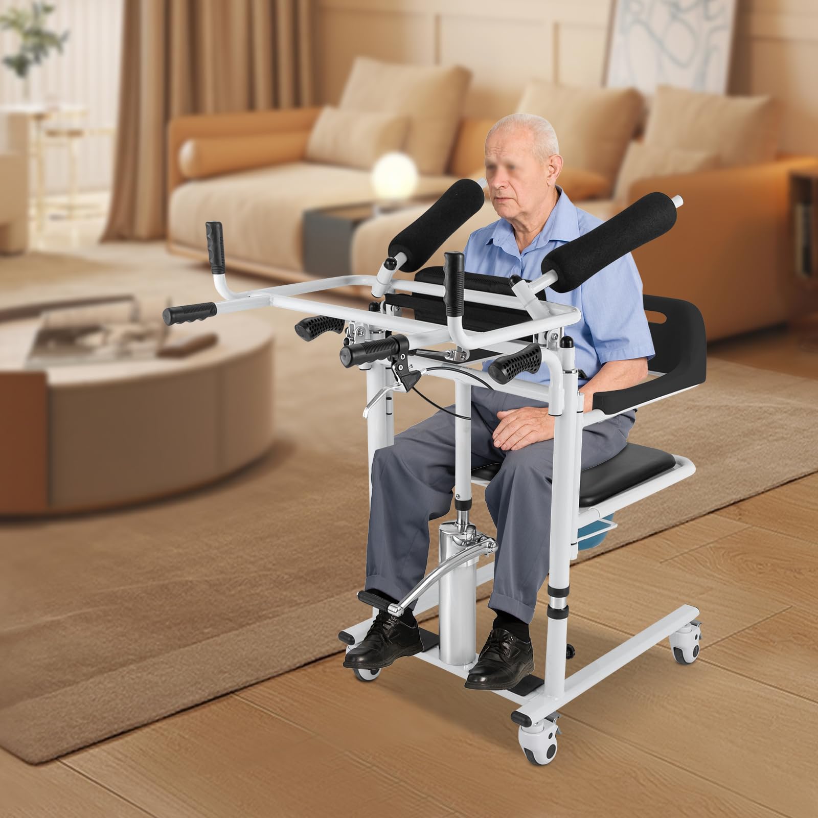 Hydraulischer Patientenlifter Multifunktionale Transferhilfe mit Toiletteneimer Hebestuhl 150kg Tragfähigkeit Hubhilfe mit 4 Bremsrollen Sitzhöhe 48-68cm Pflegelift für Senioren Schwarz 54x85cm