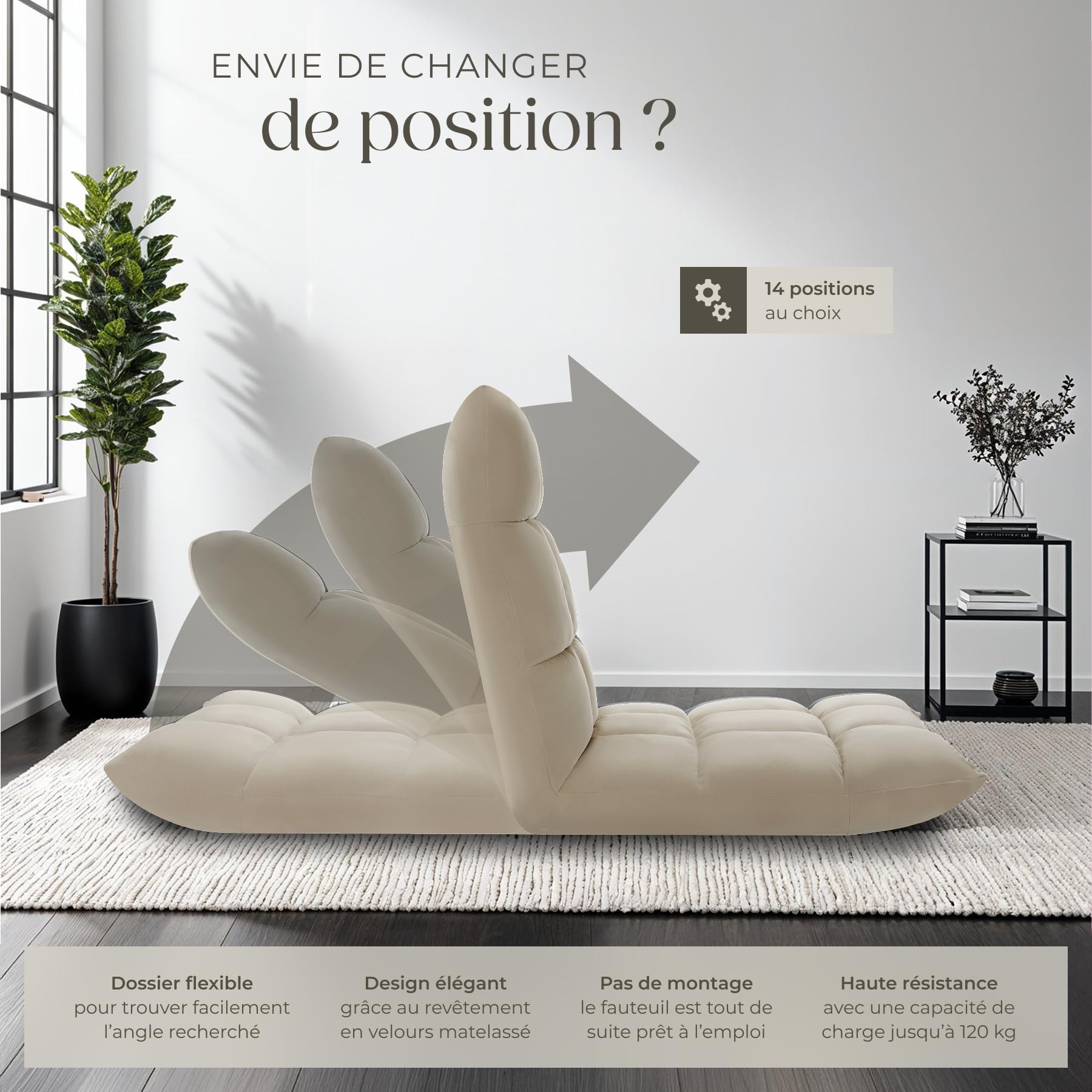 tectake® Fauteuil Relax XXL Velours 2en1 Fauteuil TV & Matelas de Sol Moelleux Chaise Longue de Relaxation & méditation Fauteuil Salon Confortable avec Dossier inclinable Chambre, Allaitement