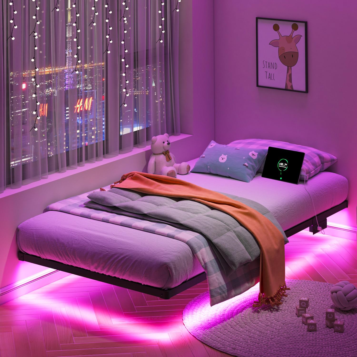 HAVONIZD Floating Bed Frame Twin with LED Lights and Charging Station - 8 inch Platform Bed Frame No Box Spring Needed, Easy Assembly