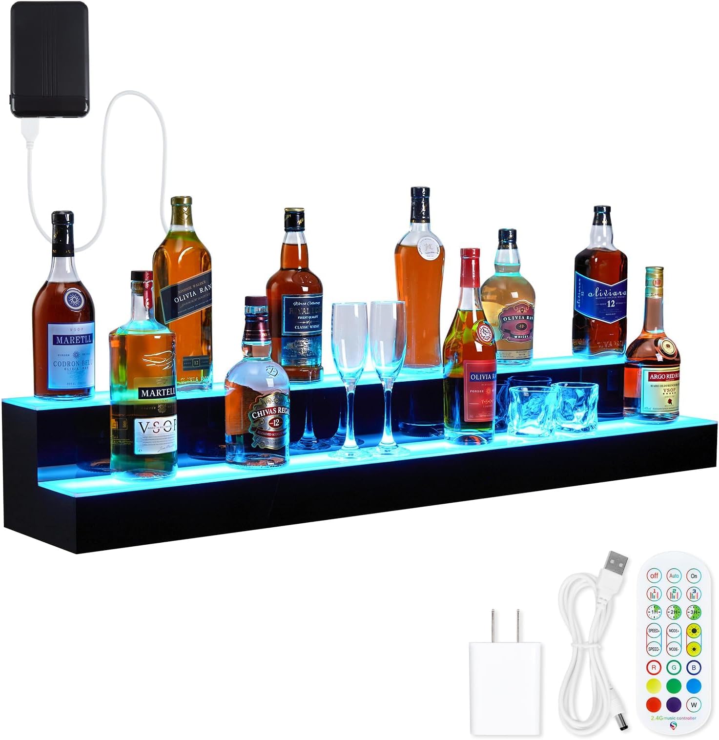LED Lighted Liquor Bottle Display Shelf, 48 Inch Bar Display Shelf, 2-Step Acrylic Lighted Bar Shelf with Remote & App Control, 16 Colors, 4 Modes, Bar Shelves for Liquor Bottles
