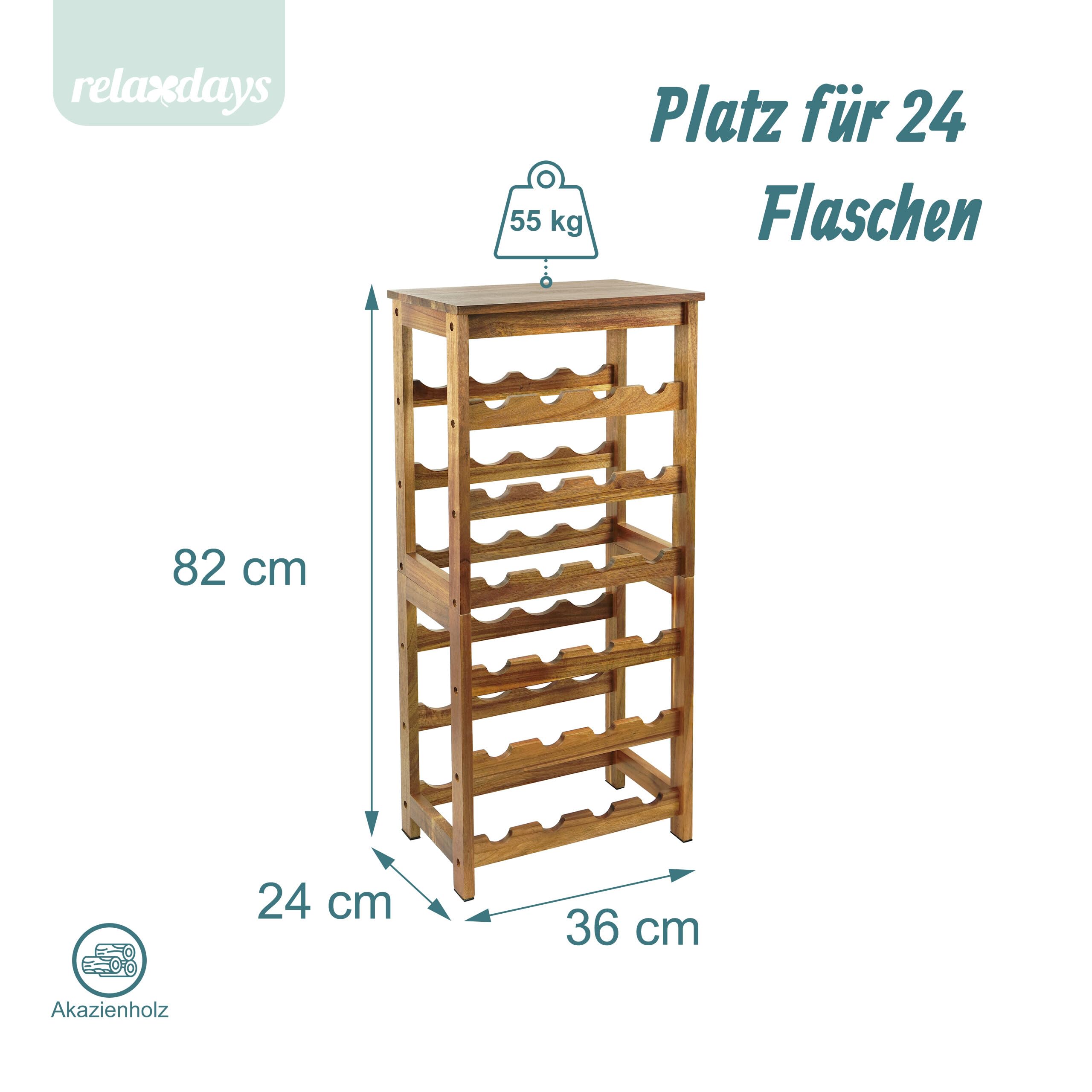Relaxdays Weinregal, 24 Flaschen, Akazienholz, HBT 82 x 36 x 24 cm, Weinhalter für Rot- & Weißwein, Flaschenregal, Natur