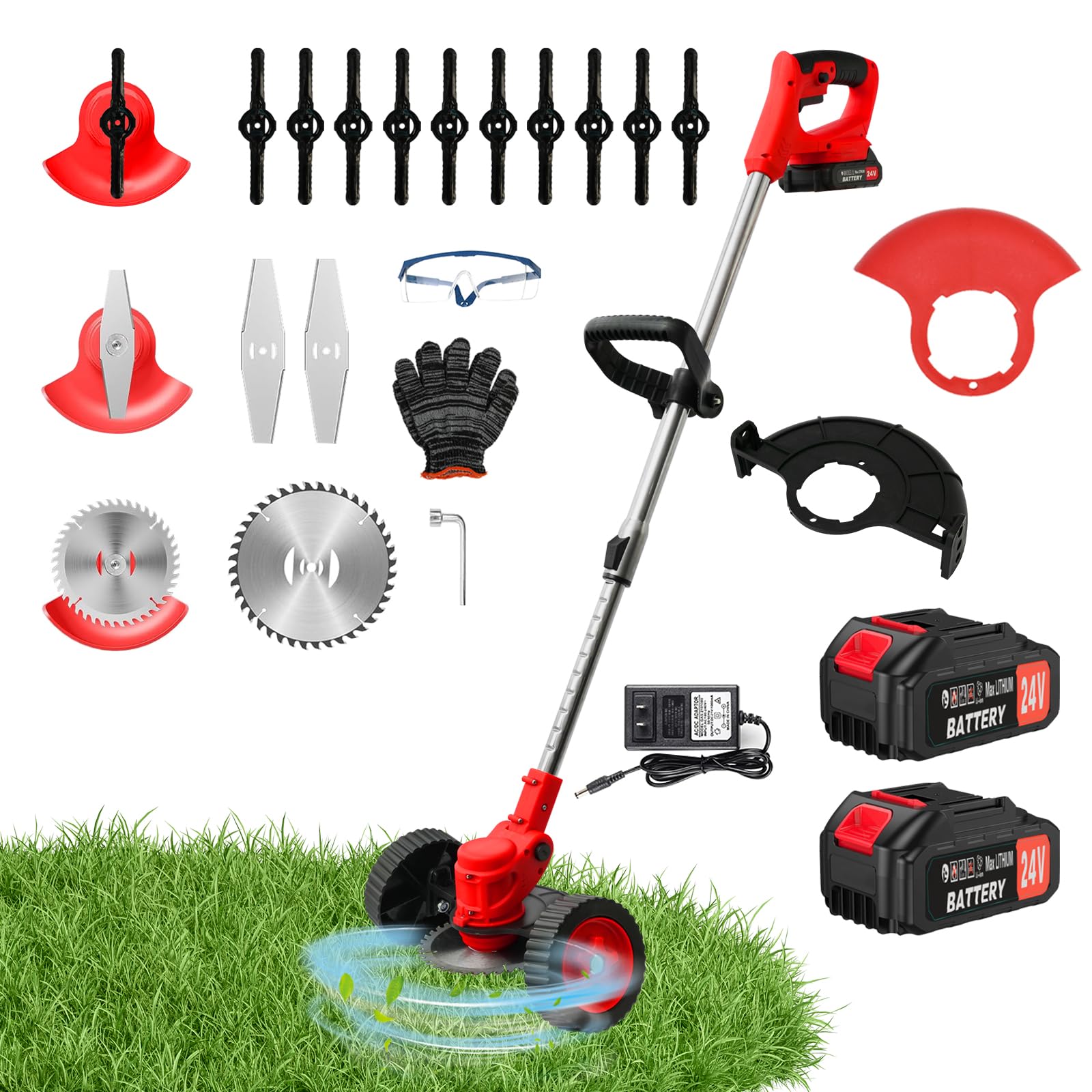 also go 24v electric weed wacker, cordless grass trimmer, 3 in 1 grass trimmer with 2pcs batteries & charger, battery powered weed eater/brush cutter/edger with wheels for garden and yard lawn