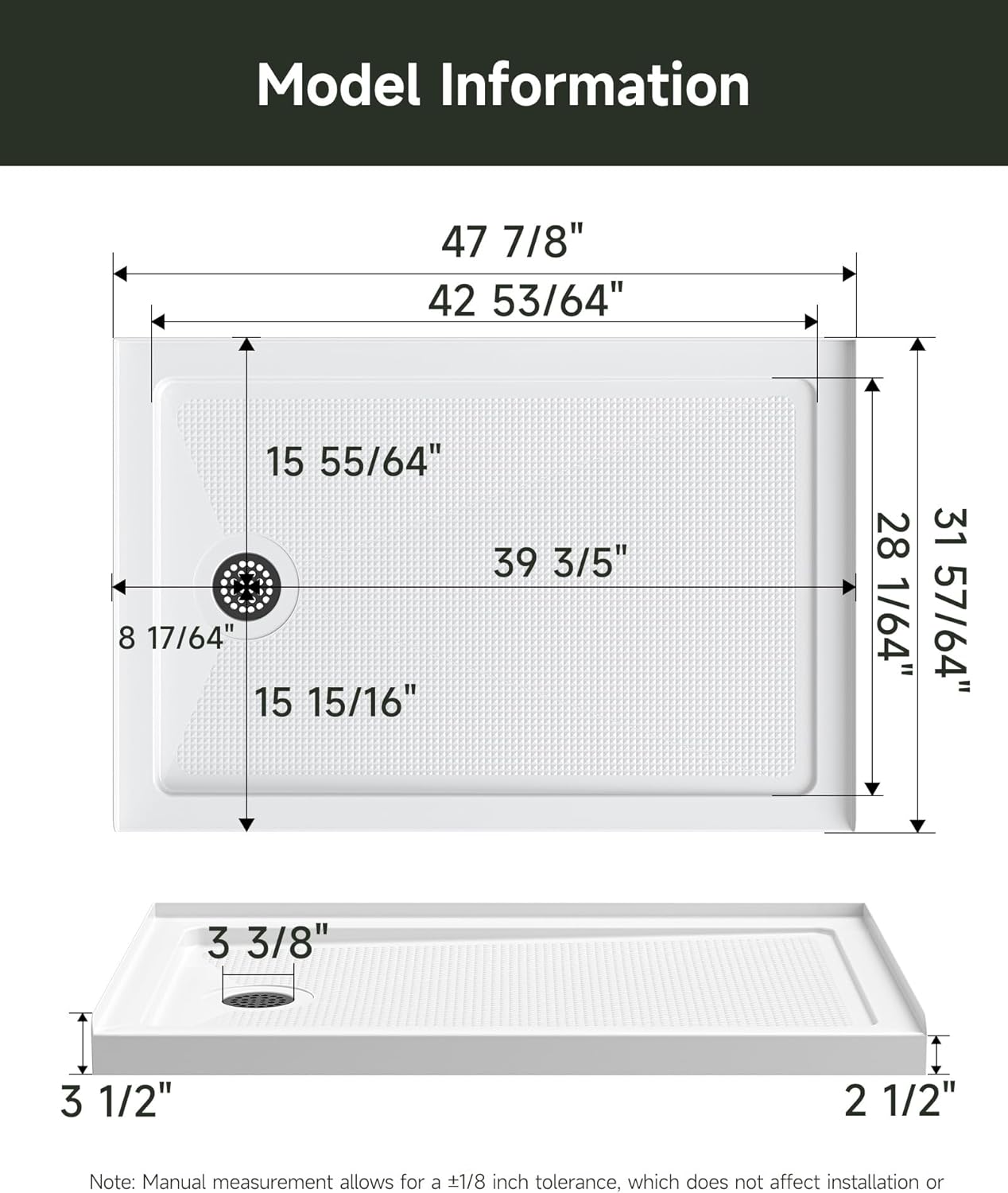 Detailed dimensions of the HOROW shower base