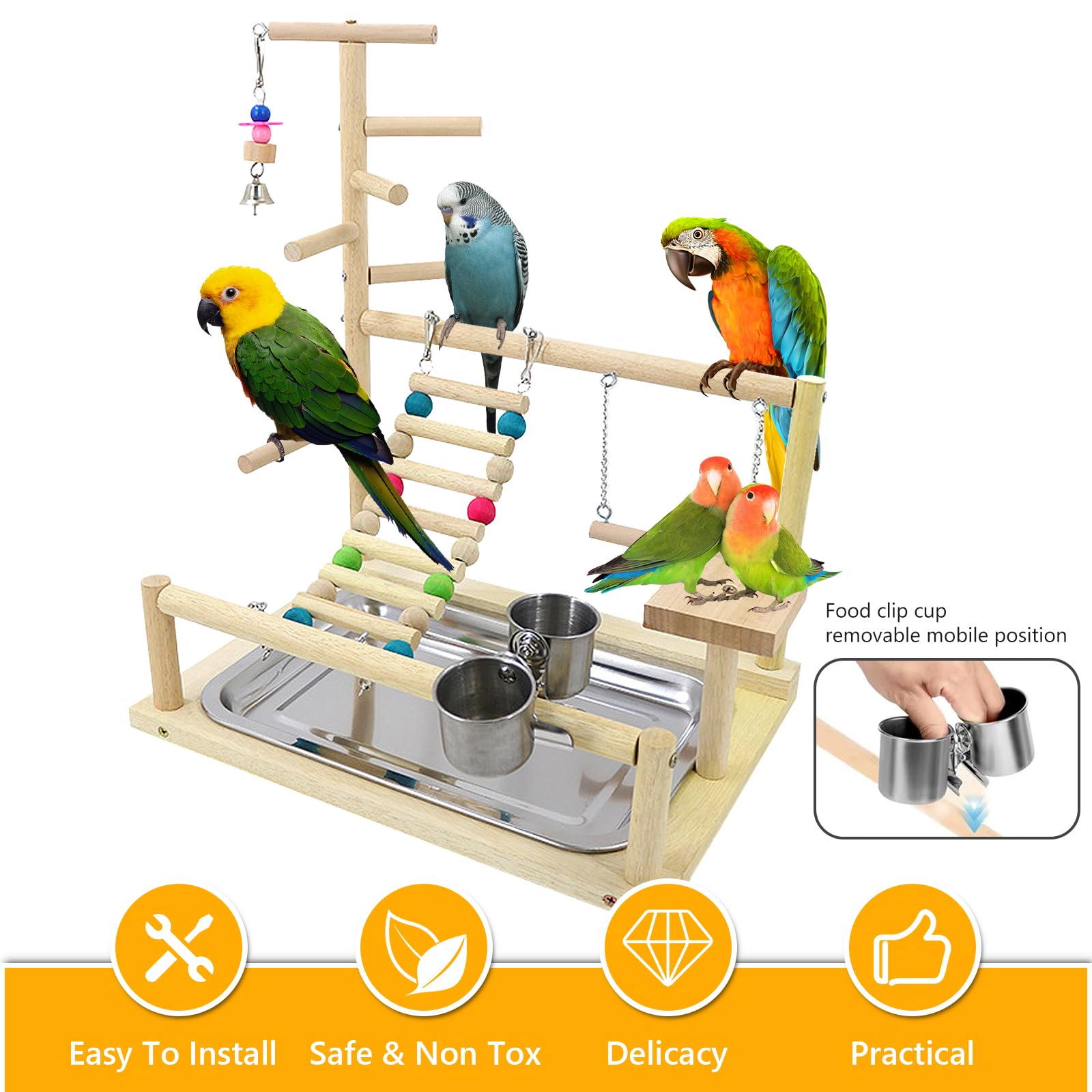 Parco giochi per uccelli, parco giochi per pappagalli con alimentatore e vassoio, giocattolo per pappagalli in legno, 44 x 37 x 26 cm