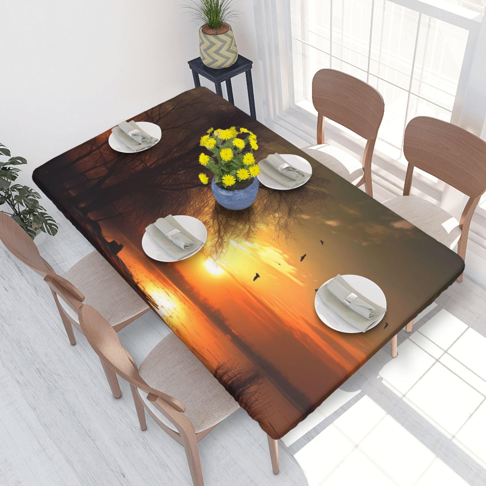 Dcarsetcv Sunset Printed 4Ft Waterproof Tablecloth With Elastic Edged Protect & Decor Your Table, Oil-Proof Washable Table Cloth Cover For Dinner Picnic Party