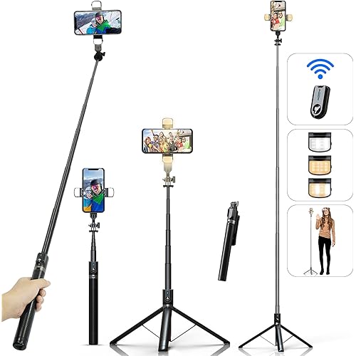 Selfie Stick Phone Tripod with Remote and LED Fill Lights - ASHINER 70 inch Heigh Cell Phone Holder for Travel, Vlogging, Live Streaming Video and Photos,Phone Stand Compatible with iPhone and Android