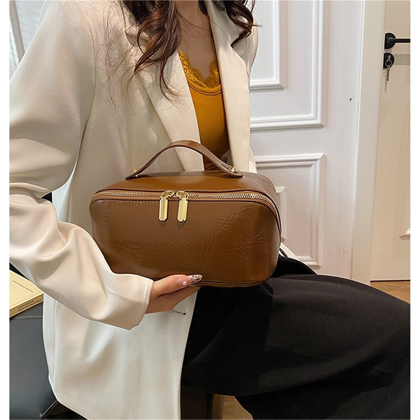 Borse da viaggio in pelle for cosmetici, borsa multifunzionale for il lavaggio e il trucco da donna(Black)