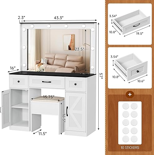 Miniatura 43 de Greenvelly Escritorio de maquillaje blanco con espejo, maquillaje de madera con 3 modos de iluminación, 2 cajones espaciosos y 6 compartimentos de