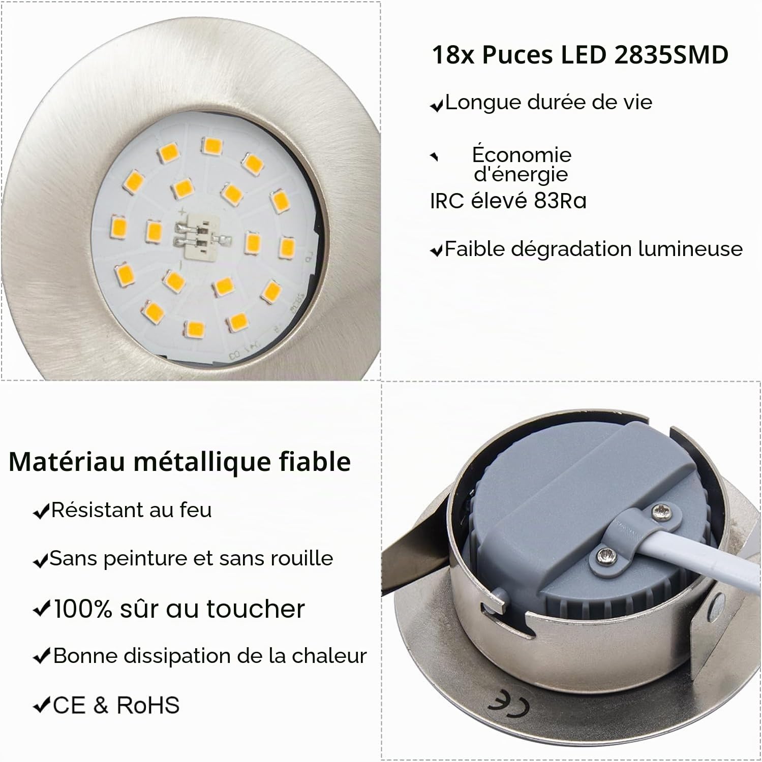 Lot de 6 spots LED encastrables ultra plats IP44 5 W ronds en nickel 500 lm Blanc froid 6000 K 230 V