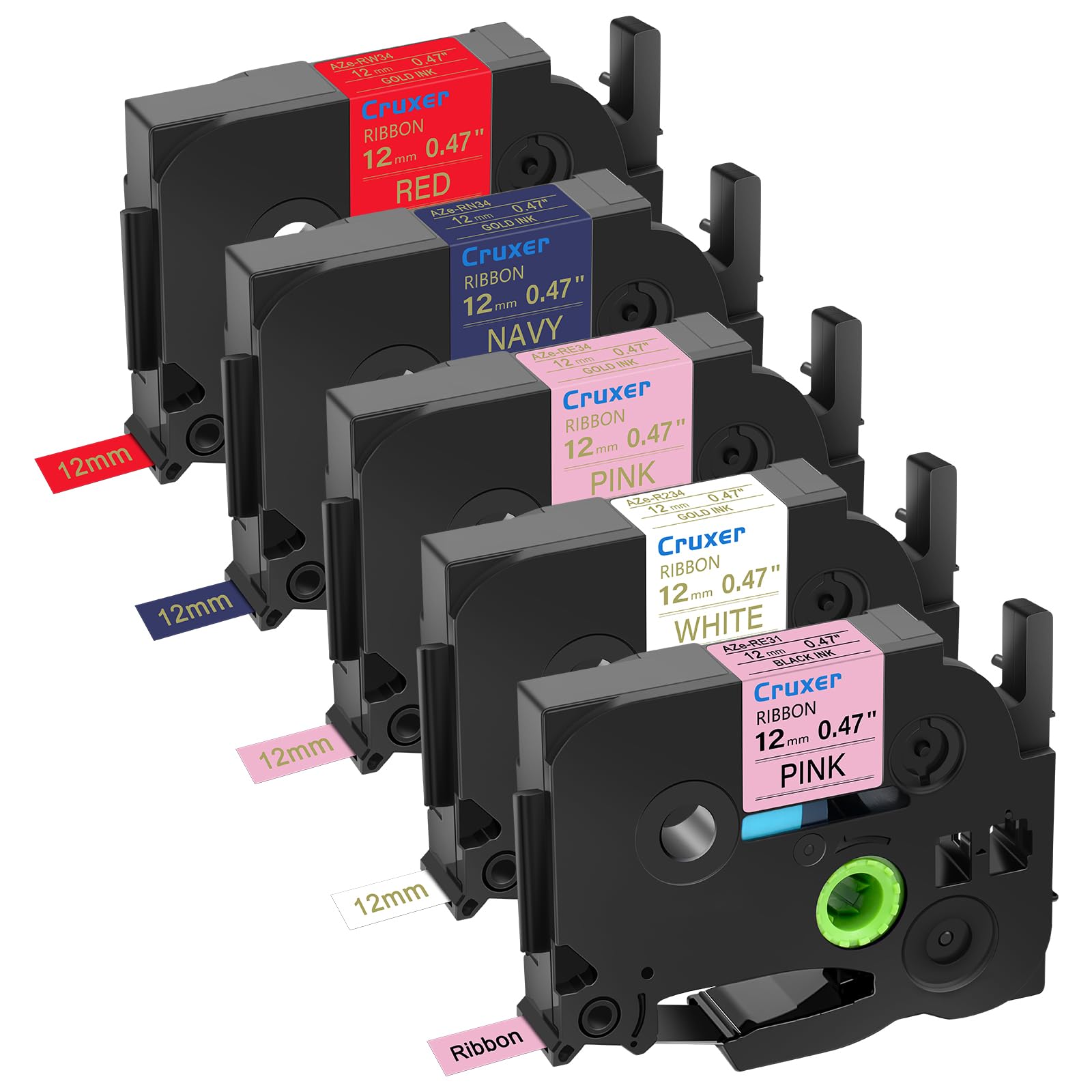 Cruxer Compatible for Brother P-Touch TZE R234 RE34 RN34 RW34 Embellish Satin Ribbon 12mm 1/2" (0.47 Inch) Label Tape Gold on White/Pink/Navy/Red AZE